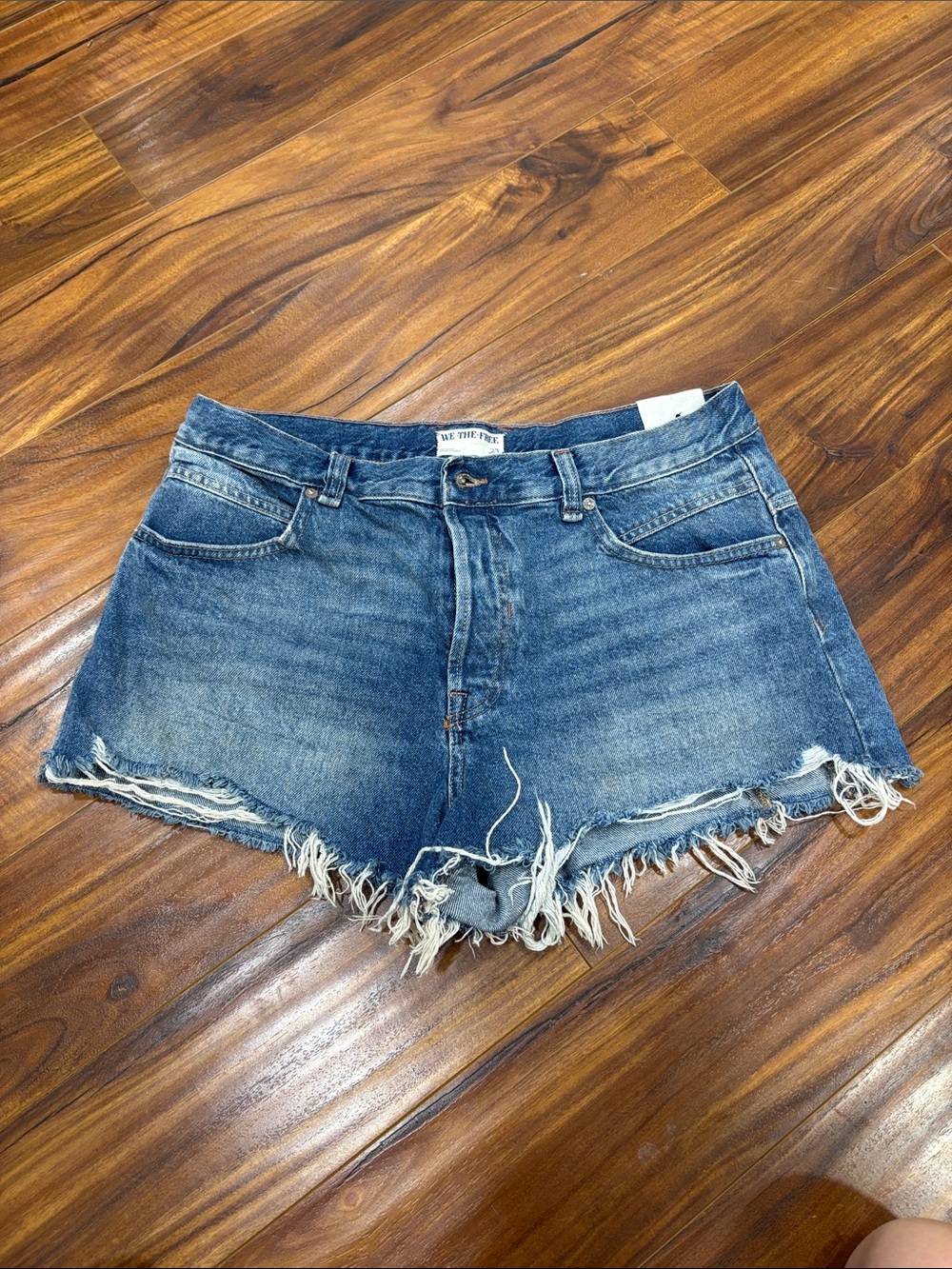 We The Free Distressed Dark Blue High-Rise Jean Shorts